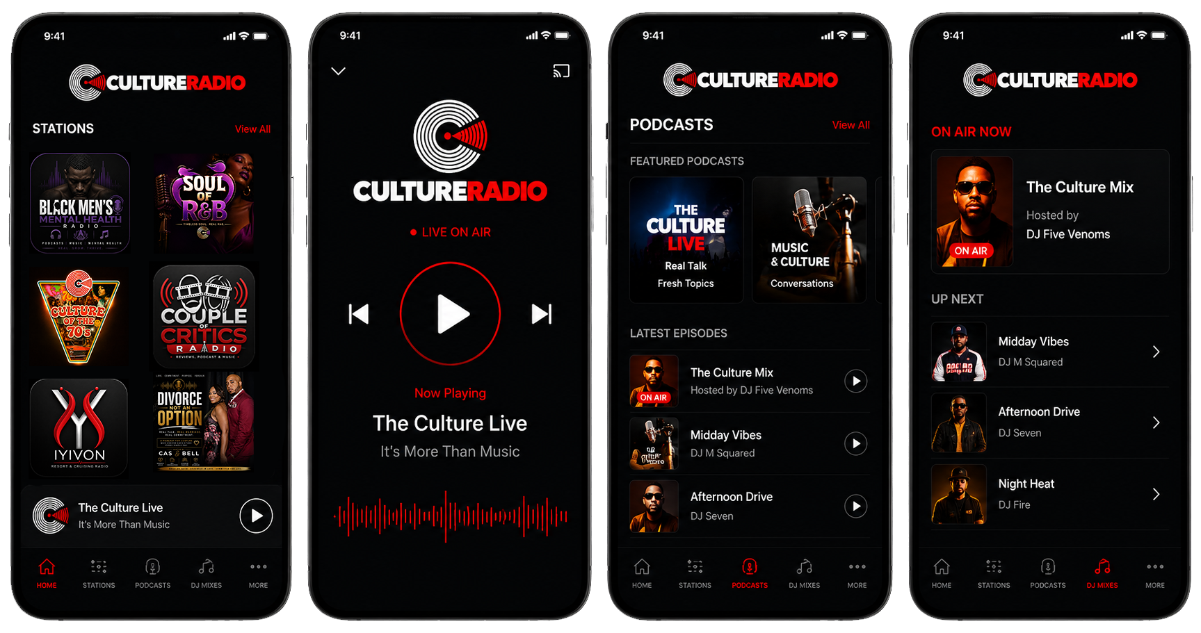 The Culture Radio mobile app screens